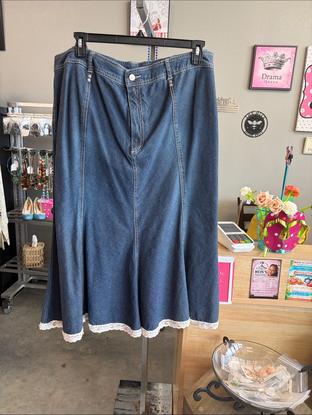 Live a Little Dark Blue Denim A-Line Midi Skirt with White Lace Trim